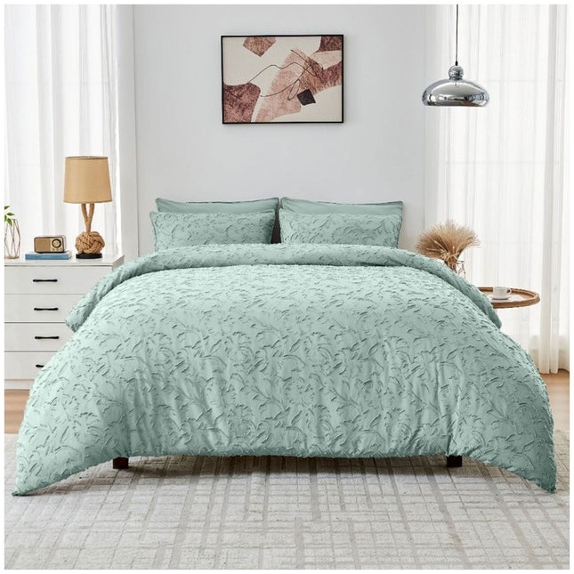 Signature Hereford duvet cover set in sage green with a textured seersucker pattern and a calm, nature-inspired look.