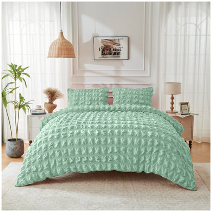 Soft sage green Ripon bedding set featuring textured seersucker fabric and a tranquil, contemporary design.