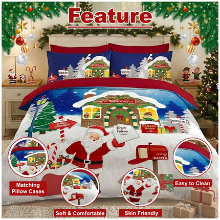Christmas Santa's Workshop Microfiber Bedding with Decorative Holiday Duvet Cover Design