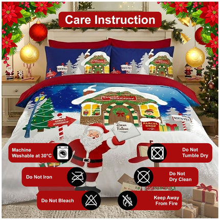 Santa's Workshop Xmas Microfiber Duvet Set with Festive Pattern and Coordinating Pillowcases