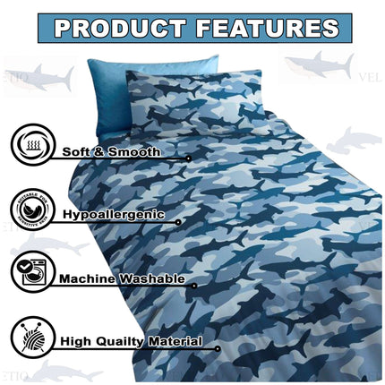 Turn bedtime into an underwater adventure with our Shark Camouflage Kid Duvet Cover Set, designed for ocean-loving kids who crave excitement and comfort. Covered in bold blue shark silhouettes, this set is made from soft, smooth 100% microfiber polyester that’s hypoallergenic, breathable, and gentle on sensitive skin. It includes a matching pillowcase and features a reversible solid blue side for a cool,