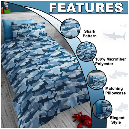 Make a splash in your child’s bedroom with the Shark Camouflage Kid Duvet Cover Set—featuring an all-over blue shark pattern that’s both bold and fun. Made from ultra-soft, 100% microfiber polyester, this high-quality set is smooth, breathable, and hypoallergenic—ideal for sensitive skin. It includes a matching pillowcase and a sleek solid reverse side for added versatility and style. Lightweight yet durable, this set offers year-round comfort and is machine washable for easy care