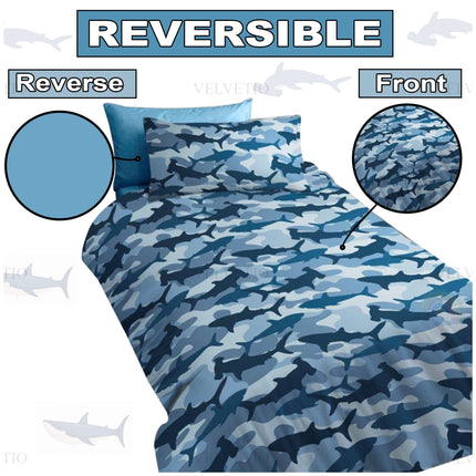 Dive into comfort and style with our Reversible Shark Camo Duvet Cover Set – perfect for kids who love ocean adventures! One side features a bold shark silhouette camo print in cool shades of blue, while the reverse side offers a calming solid blue tone for a clean, fresh look. Crafted from 100% microfiber polyester, this soft and smooth bedding set is hypoallergenic, breathable, and gentle on sensitive skin. 