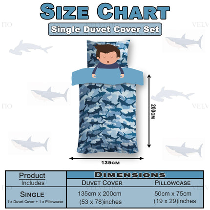 Shop this fun and reversible shark duvet cover set for kids, featuring a blue camouflage design and solid reverse side. Made from soft, hypoallergenic microfiber. Includes 1 single duvet cover (135x200cm) and 1 pillowcase (50x75cm). Machine washable and perfect for ocean-loving kids!