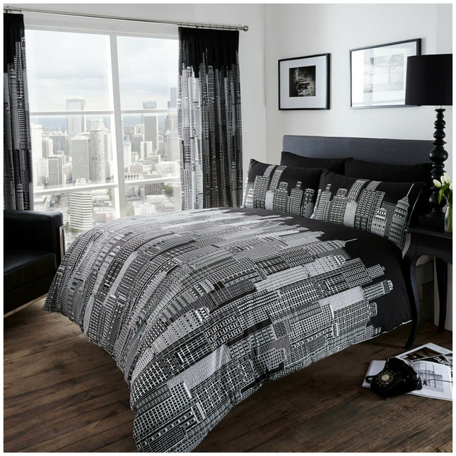 Stylish black and white Skyline Duvet Cover Set featuring a detailed cityscape design, complete with matching pillowcases. The modern urban theme adds a bold, contemporary touch to any bedroom, perfect for city lovers and minimalist décor styles.