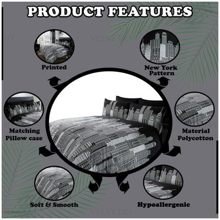 Modern New York cityscape printed duvet cover bedding set in black and white, featuring detailed skyline patterns. Made from soft, smooth, and hypoallergenic polycotton fabric, the set includes matching pillowcases and offers a bold, urban design perfect for contemporary bedrooms.