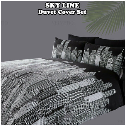Sky Line Duvet Cover Set featuring a bold black and white cityscape design, inspired by a modern skyline. This contemporary bedding includes matching pillowcases and is crafted from soft polycotton fabric, offering hypoallergenic comfort and a smooth finish—perfect for elevating urban bedroom décor.