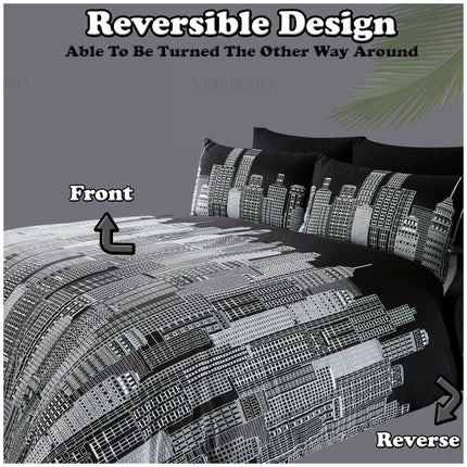 Sky Line Duvet Cover Set featuring a reversible design with a striking black and white cityscape print on both sides, allowing you to flip the duvet for a fresh look anytime. Made from soft polycotton material, this bedding set includes matching pillowcases and offers a modern urban style with practicality and comfort.