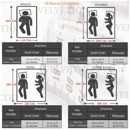 Size chart for Sky Line Duvet Cover Set in UK standard sizes, featuring clear measurements for Single (135x200 cm), Double (200x200 cm), King (230x220 cm), and Super King (260x220 cm), with each set including matching pillowcases sized 50x75 cm.