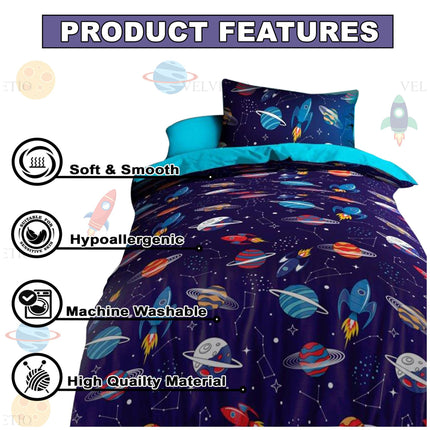 Space Boys Kid Duvet Cover Set, made from high-quality, hypoallergenic microfiber that’s incredibly soft, smooth, and gentle on sensitive skin. Designed with a vibrant, outer space pattern featuring rockets, planets, and stars, this duvet set turns bedtime into a cosmic adventure. It's machine washable for easy care and built to last, making it the perfect blend of fun, function, and comfort for any kid’s room.