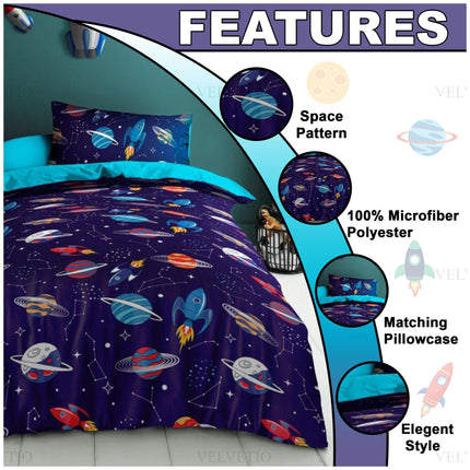 Transform your child’s room into a galactic getaway with our Space Boys Kid Duvet Cover Set, featuring a bold and colorful space pattern that ignites imagination. Crafted from 100% microfiber polyester, this set is ultra-soft, lightweight, and perfect for year-round comfort. It includes a matching pillowcase for a coordinated look and offers an elegant style that fits effortlessly into any space-themed bedroom. Easy to care for and gentle on the skin, this duvet set combines fun, function,