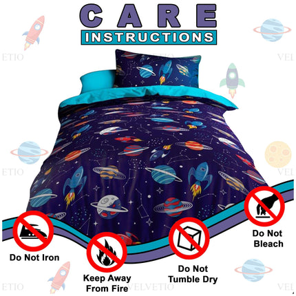 Space Boys Kid Duvet Cover Set looking vibrant and lasting longer, follow these easy care instructions: Do not iron, tumble dry, or bleach the fabric, as it may damage the high-quality microfiber material. Keep away from fire to ensure safety. For best results, machine wash gently in cold water and air dry. With proper care, this fun space-themed bedding will stay soft, colorful, and cozy for countless nights of cosmic dreams.