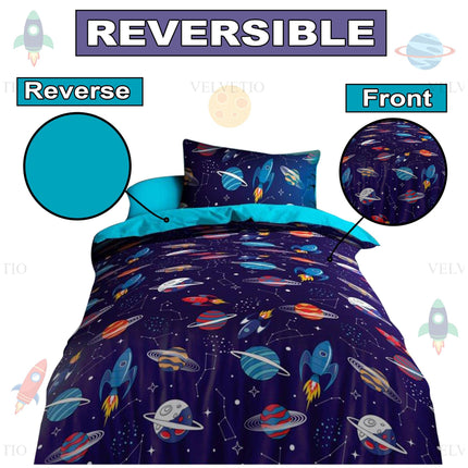 Enjoy two looks in one with our Reversible Space Boys Kid Duvet Cover Set, featuring a vibrant, outer space-themed front and a bold solid aqua blue reverse. Whether your child wants a colorful galaxy full of rockets and planets or a calm, clean look, this reversible design offers fun and flexibility to switch up their room’s style in seconds. Crafted from soft, durable microfiber, this duvet cover makes bedtime more exciting while giving you double the design for one great value.