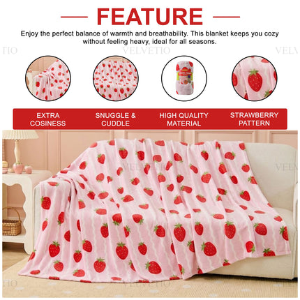 Decorative Strawberry Throw Blanket designed with a fun fruit theme, creating a fresh and colourful look when placed across a sofa, bed or favourite armchair.