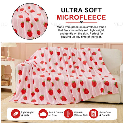 Soft Strawberry Pattern Flannel Throw for home interiors, offering a charming decorative feature for cosy corners, bedrooms, living rooms and comfortable seating areas.