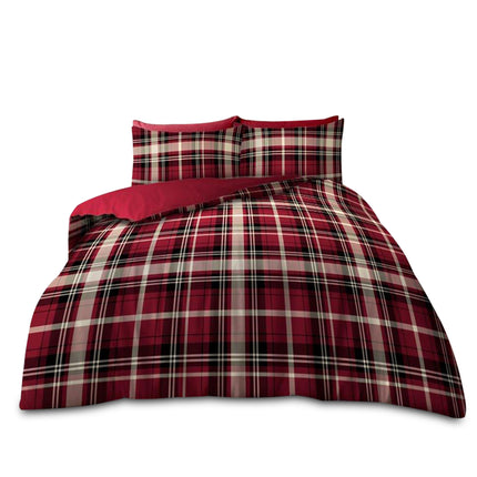 Elevate your bedroom with the timeless appeal of the Tanner Check bedding set, designed to bring warmth, character, and comfort to your space. This set features a bold red base accented by a traditional checkered plaid pattern in black, white, and beige tones, creating a striking yet cozy visual effect. The classic design evokes a rustic, cabin-inspired feel while still fitting beautifully into contemporary or urban interiors. Matching pillowcases extend the check pattern across the bed,