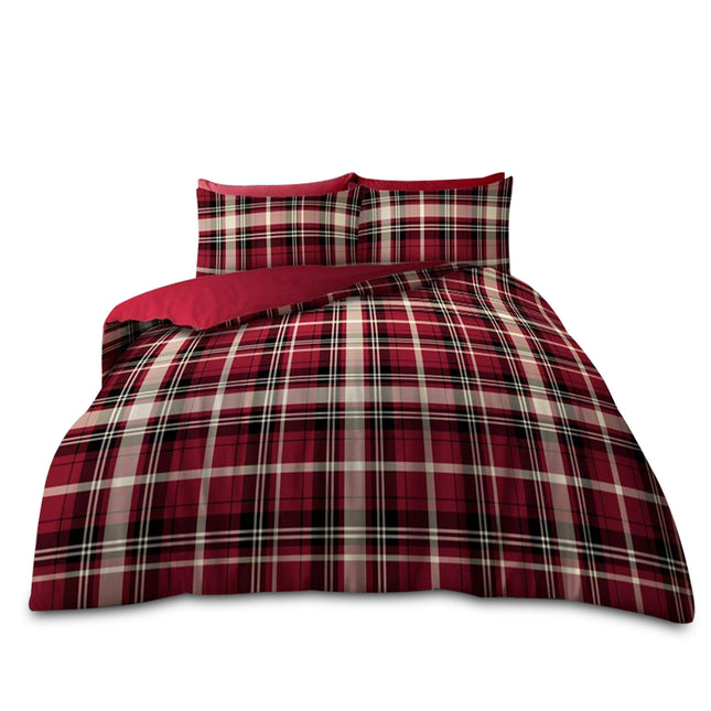 Elevate your bedroom with the timeless appeal of the Tanner Check bedding set, designed to bring warmth, character, and comfort to your space. This set features a bold red base accented by a traditional checkered plaid pattern in black, white, and beige tones, creating a striking yet cozy visual effect. The classic design evokes a rustic, cabin-inspired feel while still fitting beautifully into contemporary or urban interiors. Matching pillowcases extend the check pattern across the bed,