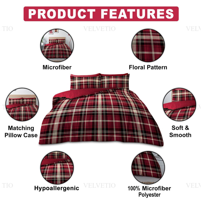 This image is a vibrant product advertisement for a bedding set that instantly captures attention. Dominating the design is a bold red banner at the top bearing the text "PRODUCT FEATURES," which signals clearly what the product has to offer. The bedding set features a striking red and white plaid pattern on the comforter, perfectly complemented by matching pillowcases. Encircling the main product image are several circular insets