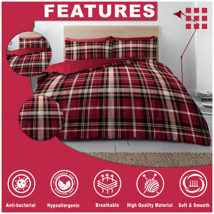 This image showcases a striking bedding set designed with an energetic red, black, and white plaid pattern. The ensemble includes both a duvet cover and matching pillowcases that work together to create a bold, classic look with a modern twist. At the bottom of the image, a row of clean, minimalist icons highlights the key features of the set: it’s anti-bacterial, hypoallergenic, breathable, constructed from high-quality material, and exceptionally soft & smooth.