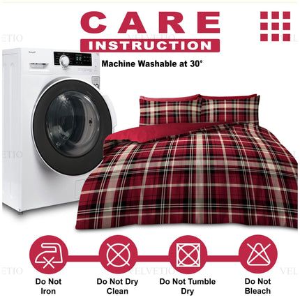 This image presents a clear and engaging guide for caring for your bedding. A neatly made bed, dressed in bold red plaid, is featured alongside a modern washing machine. At the top, bold text announces "CARE INSTRUCTION" and "Machine Washable at 30°", immediately conveying essential maintenance guidelines.

Below the main visual, four intuitive icons are paired with specific care instructions:

Do Not Iron

Do Not Dry Clean

Do Not Tumble Dry

Do Not Bleach.