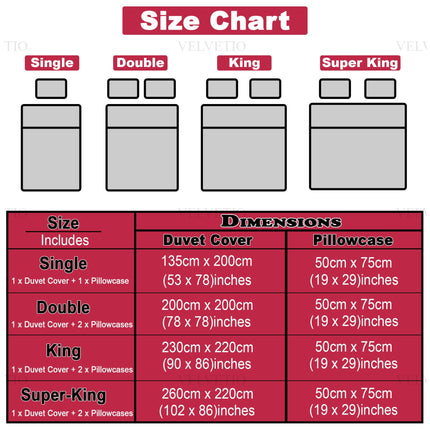 This image is a clear and informative size chart designed to help you select the perfect bedding set. It is segmented into four standard categories—Single, Double, King, and Super King—with each size featuring an illustration of the corresponding duvet cover alongside its matching pillowcase.