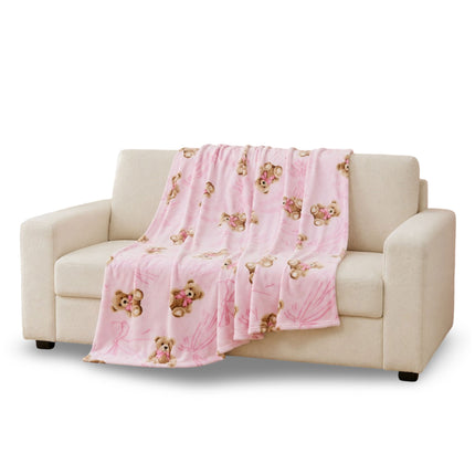 TEDDY BEARS & BOWS Flannel Throw with an attractive teddy bear and bow pattern, designed for decorating sofas, beds and armchairs while adding