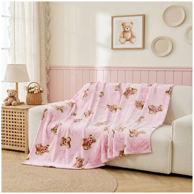 Teddy Bear and Bow Pattern Flannel Blanket featuring a charming decorative design, ideal for bedrooms, living rooms, seating areas and cosy corners around the home.