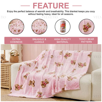 Decorative TEDDY BEARS & BOWS Throw Blanket showcasing playful bear motifs and bow detailing, suitable for draping over furniture as a stylish home décor accent.