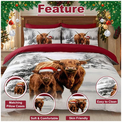 Microfiber Highland Family Duvet Cover with Seasonal Christmas Pattern and Coordinating Pillowcases