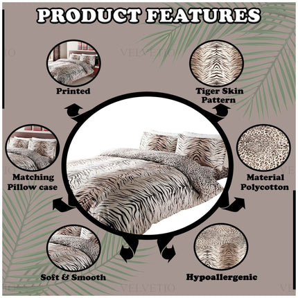 Tiger brown duvet cover bedding set with matching pillowcases, featuring a printed tiger skin pattern on soft polycotton fabric, reversible design, and hypoallergenic properties.