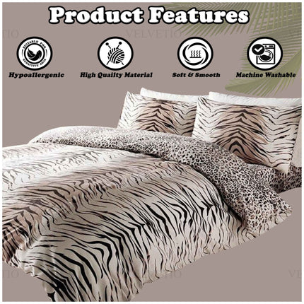 Tiger brown duvet cover set with matching pillowcases showcasing product features including hypoallergenic, high-quality material, soft and smooth texture, machine washable.