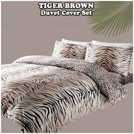 Tiger brown duvet cover set with tiger skin pattern and matching pillowcases, made from soft polycotton fabric, reversible and machine washable.