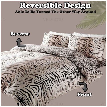 Tiger brown duvet cover set showing reversible design with tiger skin print on front and leopard print on reverse, includes matching pillowcases, made from soft polycotton fabric.