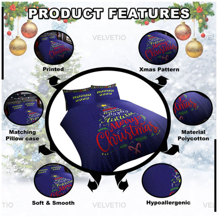 Wrap yourself in Christmas magic with the Tree Wishes Xmas Duvet Cover Set, a cheerful and cozy addition to your winter bedding. Designed to bring instant holiday spirit to your room, this printed duvet cover features a bold Christmas tree graphic made from festive phrases like “Fa La La,” “Holly Jolly,” and “Merry Christmas,” in bright, merry colors. The deep navy blue background adds warmth and contrast, perfect for winter nights.

