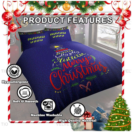 Bring the magic of the holidays into your home with the Tree Wishes Xmas Duvet Cover Set, a cozy and colorful way to celebrate the season. This beautifully designed bedding set features a bold Christmas tree graphic made up of festive words like “Merry Christmas,” “Fa La La,” and “Holly Jolly,” printed on a rich navy blue background. Made from high-quality, soft and smooth polycotton, it’s not only visually stunning but also designed for comfort—hypoallergenic and gentle on sensitive skin.