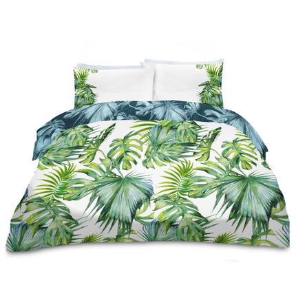 Bring a splash of the tropics to your bedroom with our Printed Tropical Leaf Duvet Cover Set. This vibrant, nature-inspired bedding features a bold green palm and monstera leaf print on one side and a cool-toned leafy design on the reverse, giving you two fresh looks in one.

