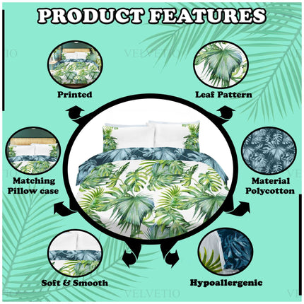 Transform your bedroom into a tropical oasis with this Printed Tropical Leaf Duvet Cover Set, featuring a vibrant green palm and monstera leaf design on soft, breathable polycotton (50% cotton, 50% polyester). This reversible set offers two stylish looks in one and comes complete with matching pillowcases for a coordinated finish. Hypoallergenic, soft, and smooth to the touch, it’s perfect for year-round comfort and easy care—ideal for adding a fresh, natural vibe to your sleep space.
