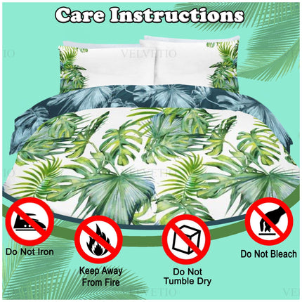 To keep your Printed Tropical Leaf Duvet Cover Set looking fresh and vibrant, follow these care instructions: do not iron, bleach, or tumble dry, and always keep the bedding away from direct flames or heat sources. Gently wash with care to maintain the softness, color, and quality of the polycotton fabric.