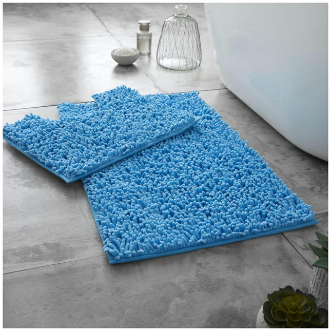 This LOOP BATH MAT SET is perfect for a luxurious bathroom. It has a non slip PVC back, a thick memory foam top layer and water absorbent properties. It is machine washable at 30°C for easy cleaning and care, and its large size and grey and turquoise color gives it a modern and stylish look. Its anti-slip construction ensures safety and comfort while using it.