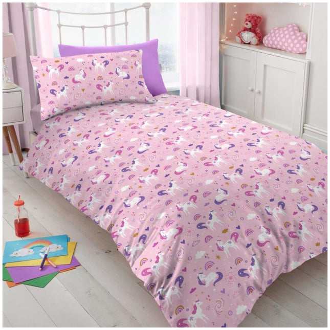 Bring magic to your child's room with this pink Unicorn Kids Duvet Cover Set, featuring colorful unicorns, rainbows, and stars. Soft, cozy, and perfect for girls’ bedrooms, this set includes matching pillowcases and brightens any space with whimsical charm.

