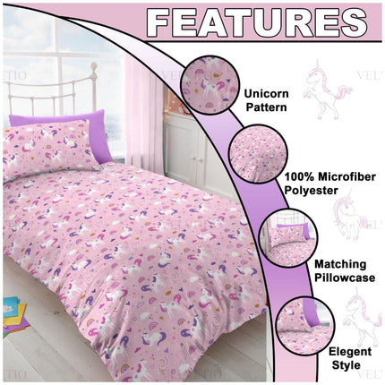 Add a magical touch to your child’s bedroom with this Unicorn Kids Duvet Cover Set. Featuring a charming unicorn pattern on soft, 100% microfiber polyester, this bedding set offers both comfort and durability. It includes a matching pillowcase to complete the look, while the elegant style brightens any room with whimsical charm. Perfect for kids who love unicorns and fantasy-themed décor, this duvet cover set is easy to care for and designed to make bedtime fun and cozy.

