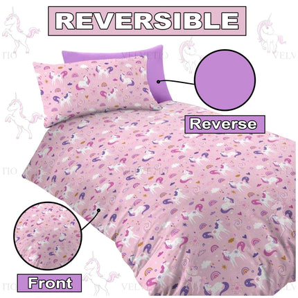 Enjoy versatile style with this reversible unicorn duvet cover set featuring a playful unicorn pattern on one side and a solid lavender color on the reverse. Soft, durable, and perfect for kids’ bedrooms.