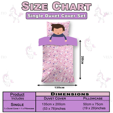 Find the perfect fit with this single unicorn duvet cover set measuring 135cm x 200cm (53 x 78 inches) and a matching pillowcase 50cm x 75cm (19 x 29 inches). Ideal for kids’ beds with soft, reversible fabric and a playful unicorn design.
