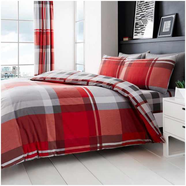 Brighten up your bedroom with the bold and stylish Printed Waverly Check Duvet Cover Set in vibrant red and grey tones. Featuring a striking checkered pattern, this reversible bedding set adds warmth and personality to any space, with matching pillowcases for a complete look. Made from a soft and durable 50% cotton and 50% polyester blend, it ensures long-lasting comfort and easy maintenance. Perfect for both modern and classic interiors, this set is ideal for everyday use and effortless bedroom upgrades.