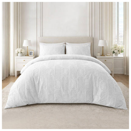 White Signature Links duvet cover set featuring a modern geometric pattern and a fresh, elegant bedroom style.