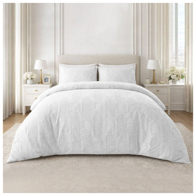 White Signature Links duvet cover set featuring a modern geometric pattern and a fresh, elegant bedroom style.