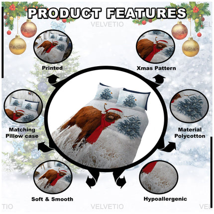 Bring the charm of the countryside into your home this festive season with the Winter Highland Cow V2 Xmas Duvet Cover Set. Designed with a fun and festive Christmas pattern, this bedding set showcases a printed Highland cow wearing a Santa hat and scarf against a snowy winter backdrop—perfect for adding a touch of rustic holiday cheer. Made from soft and smooth polycotton, it provides cozy comfort while being hypoallergenic, making it ideal for sensitive skin. 