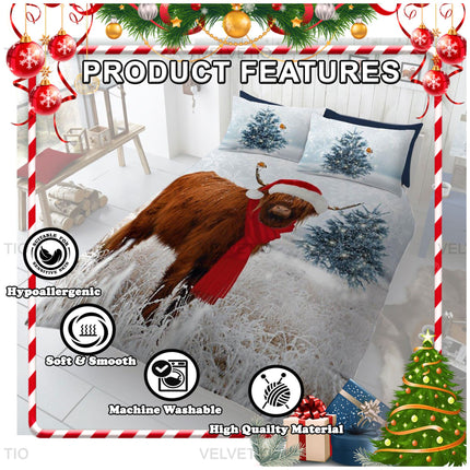 Add a festive farmhouse touch to your bedroom with the Winter Highland Cow V2 Xmas Duvet Cover Set. Featuring a cozy Christmas scene with a Highland cow dressed in a Santa hat and red scarf, this set brings rustic charm and holiday cheer to any space. Made from high-quality polycotton, the bedding is soft, smooth, and hypoallergenic—perfect for a comfortable night’s sleep. It’s machine washable for everyday convenience and designed with durability and warmth in mind. 