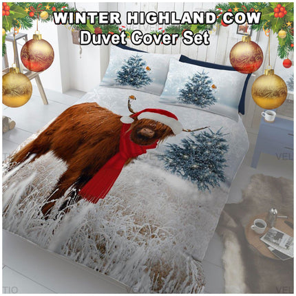 Bring festive cheer and rustic charm to your bedroom with the Winter Highland Cow Duvet Cover Set. Featuring a beautifully printed Highland cow dressed in a Santa hat and red scarf, set against a snowy winter landscape with decorated Christmas trees, this bedding set creates the perfect holiday vibe. Made from soft, smooth polycotton, it offers cozy comfort and is hypoallergenic—ideal for sensitive skin. The set includes matching pillowcases to complete the look, 
