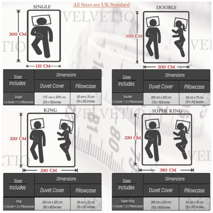 ChatGPT said:
This detailed size chart provides all the essential information you need to select the perfect fit for your duvet cover set. Available in UK standard sizes, the chart covers Single, Double, King, and Super King options. Each size includes a duvet cover and matching pillowcase(s), with clear dimensions provided in both centimeters and inches for easy reference. Whether you're shopping for a child’s bed or a spacious master suite, 